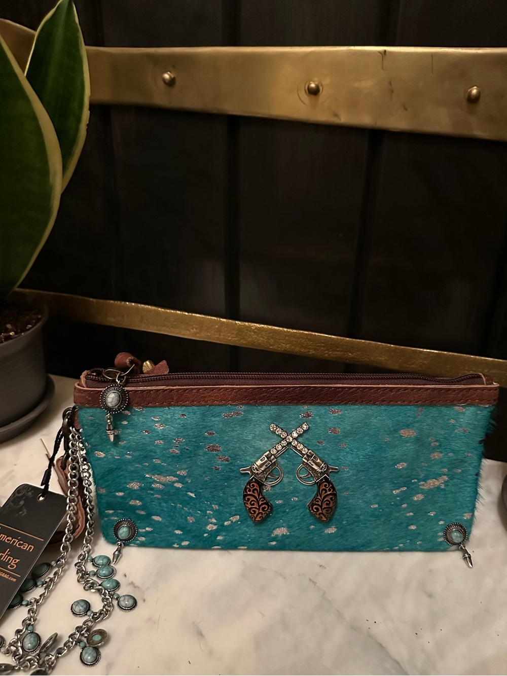 OOAK American Darling Turquoise COWHIDE LEATHER HOH Western Wristlet clutch bag